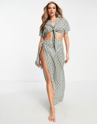 Unique 21 beach two-piece set with high slit maxi skirt in green