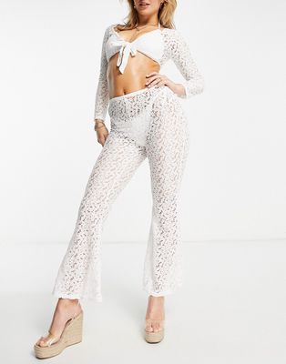 Unique 21 lace tie front beach top and pants in white - part of a set