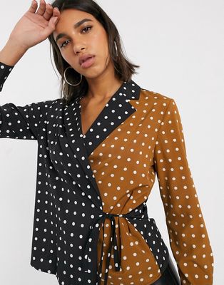Unique21 wrap contrast polka dot tie blouse-Multi