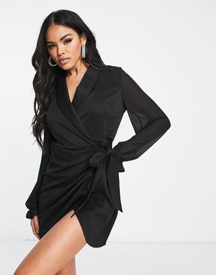 Unique21 wrap front sheer sleeve blazer dress in black