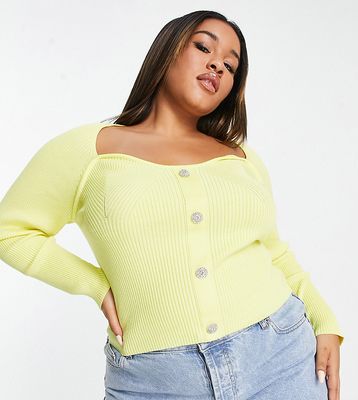 Urban Bliss Plus sweetheart neckline knitted top with button detail in yellow-Green