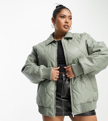 Urban Code Plus faux leather bomber jacket with diamond quilt in sage green