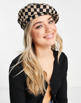 Urban Revivo beret in beige and black checkerboard