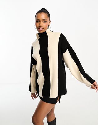 Urban Revivo bold stripe funnel neck sweater in monochrome-Multi