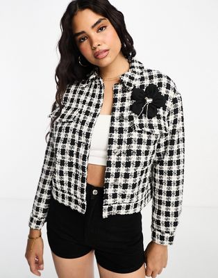 Urban Revivo corsage detail boucle bomber jacket in black and white gingham-Multi