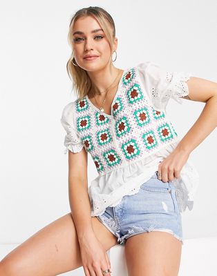 Urban Revivo crochet knit and embroidered blouse in multi