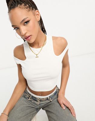 Urban Revivo crop tee with cut out shoulder detail in white