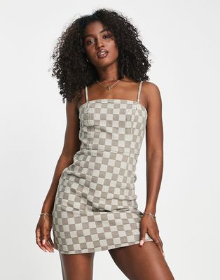 Urban Revivo denim plaid mini dress in beige-Neutral