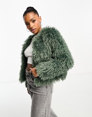 Urban Revivo faux fur cropped jacket in sage green