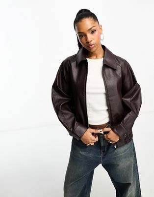 Urban Revivo faux leather bomber jacket in dark brown