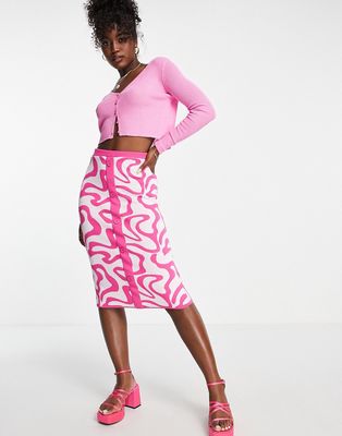 Urban Revivo knit midi skirt in pink swirl print - part of a set