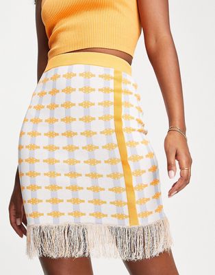 Urban Revivo knitted mini skirt with fringing in orange check - part of a set