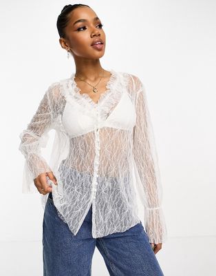 Urban Revivo lace blouse with ruffle front detail in white