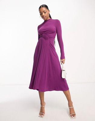 Urban Revivo long sleeve midi dress with front ruched detailing in purple