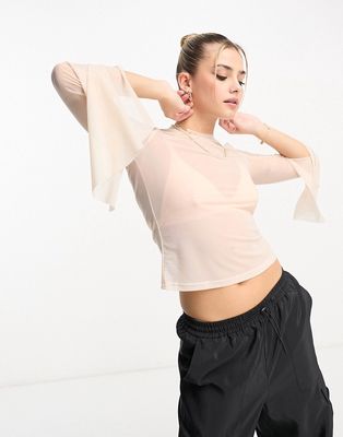 Urban Revivo mesh ruched sleeve crop top in white