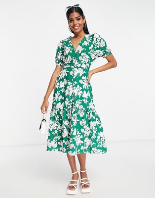 Urban Revivo midi dress with peplum hem in green floral print