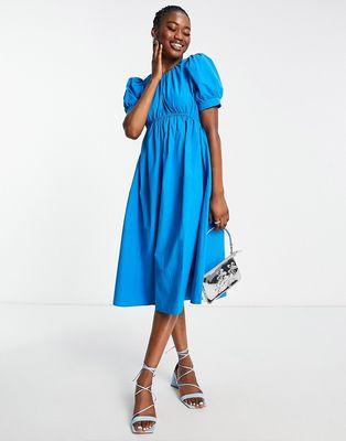 Urban Revivo midi dress with puff sleeves in blue