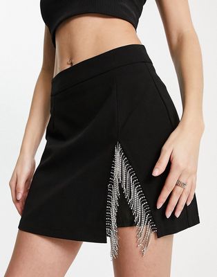 Urban Revivo mini skirt with side bejeweled fringing in black
