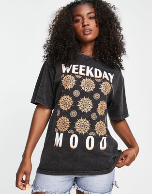 Urban Revivo oversized t-shirt with sunshine graphic in vintage black wash