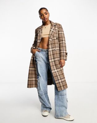 Urban Revivo plaid print double breasted long coat in brown