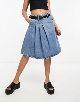 Urban Revivo pleated denim kilt skirt in blue