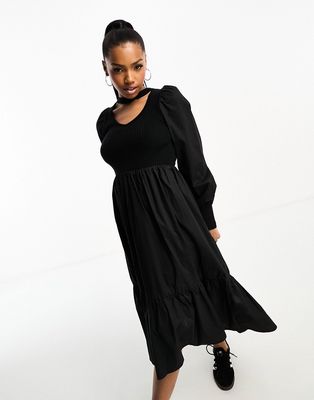 Urban Revivo puff sleeve choker detail midi dress in black