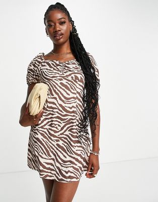 Urban Revivo puff sleeve mini dress in brown tiger print-Multi
