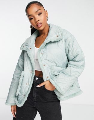 Urban Revivo quilted jacket with faux fur trim in green
