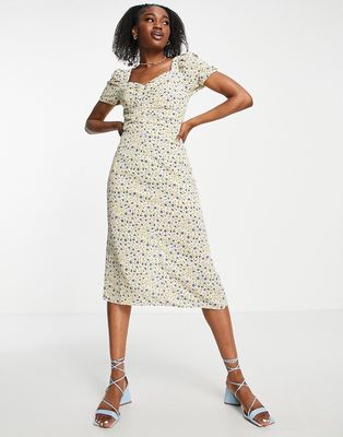 Urban Revivo ruched detail midi dress in yellow floral print