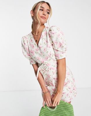 Urban Revivo short sleeve mini dress in pink floral print-Multi