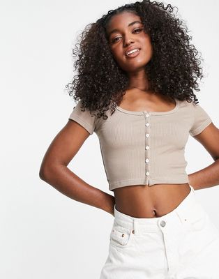Urban Revivo shrunken crop top in beige-Neutral