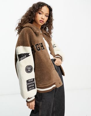 Urban Revivo slogan graphic teddy bomber jacket in brown