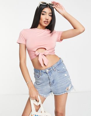 Urban Revivo tie front cropped t-shirt in pink