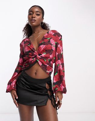 Urban Revivo twist front blouse in rose print multi