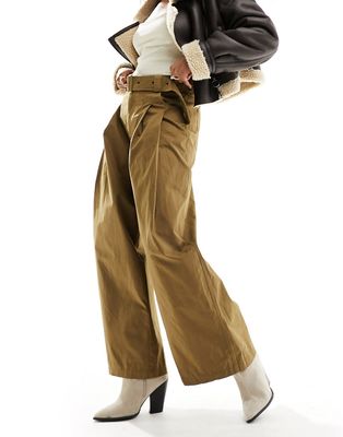 Urban Revivo wide leg belt detail cargo pants in khaki brown