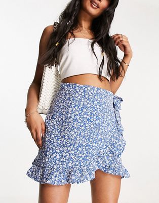 Urban Threads flippy mini skirt with ruffle detail in blue ditsy floral