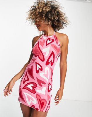 Urban Threads halter neck mini dress in pink heart print