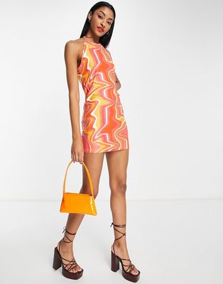 Urban Threads halterneck mini dress in multi swirl print-Orange