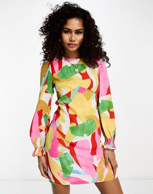 Urban Threads long sleeve mini dress in abstract print-Multi