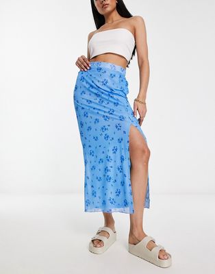 Urban Threads mesh midaxi skirt with lettuce hem in blue ditsy floral