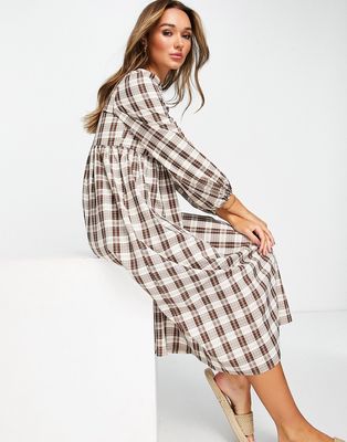 Urban Threads midi smock dress in brown check