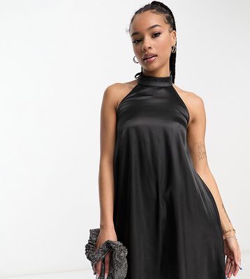 Urban Threads Petite satin high neck mini dress in black
