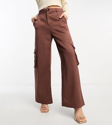 Urban Threads Petite wide leg cargo pants in chocolate brown