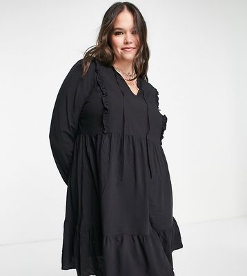 Urban Threads Plus smock mini dress with tie front in black
