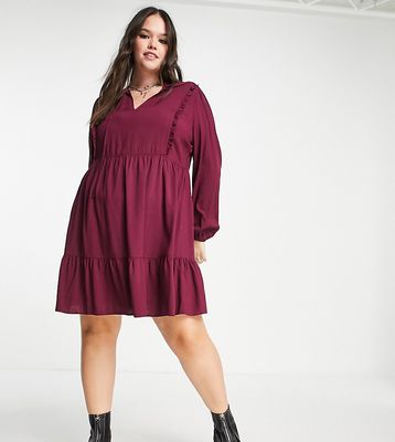 Urban Threads Plus smock mini dress with tie front in burgundy-Red