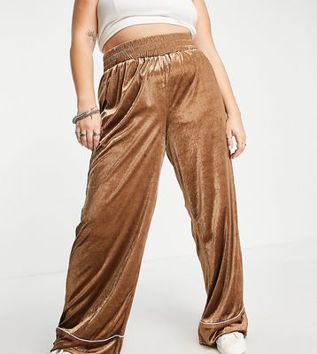 Urban Threads Plus velour wide leg pants with piping in brown