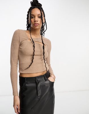 Urban Threads ribbed long sleeve top with cut-out in sand-Neutral