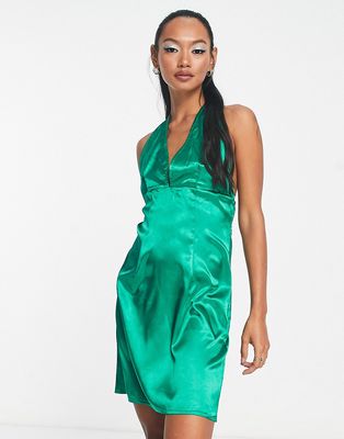 Urban Threads satin halter neck mini dress in bright green