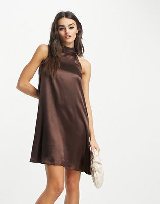 Urban Threads satin high neck mini dress in chocolate brown