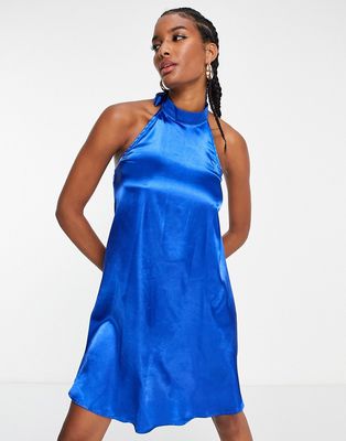 Urban Threads satin high neck mini dress in cobalt blue